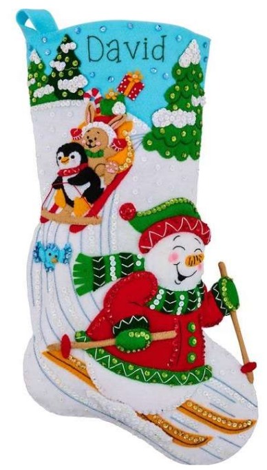 Jolly Apline Adventure Christmas Stocking Felt Applique Kit, zoomed in. Select this picture to zoom back out.