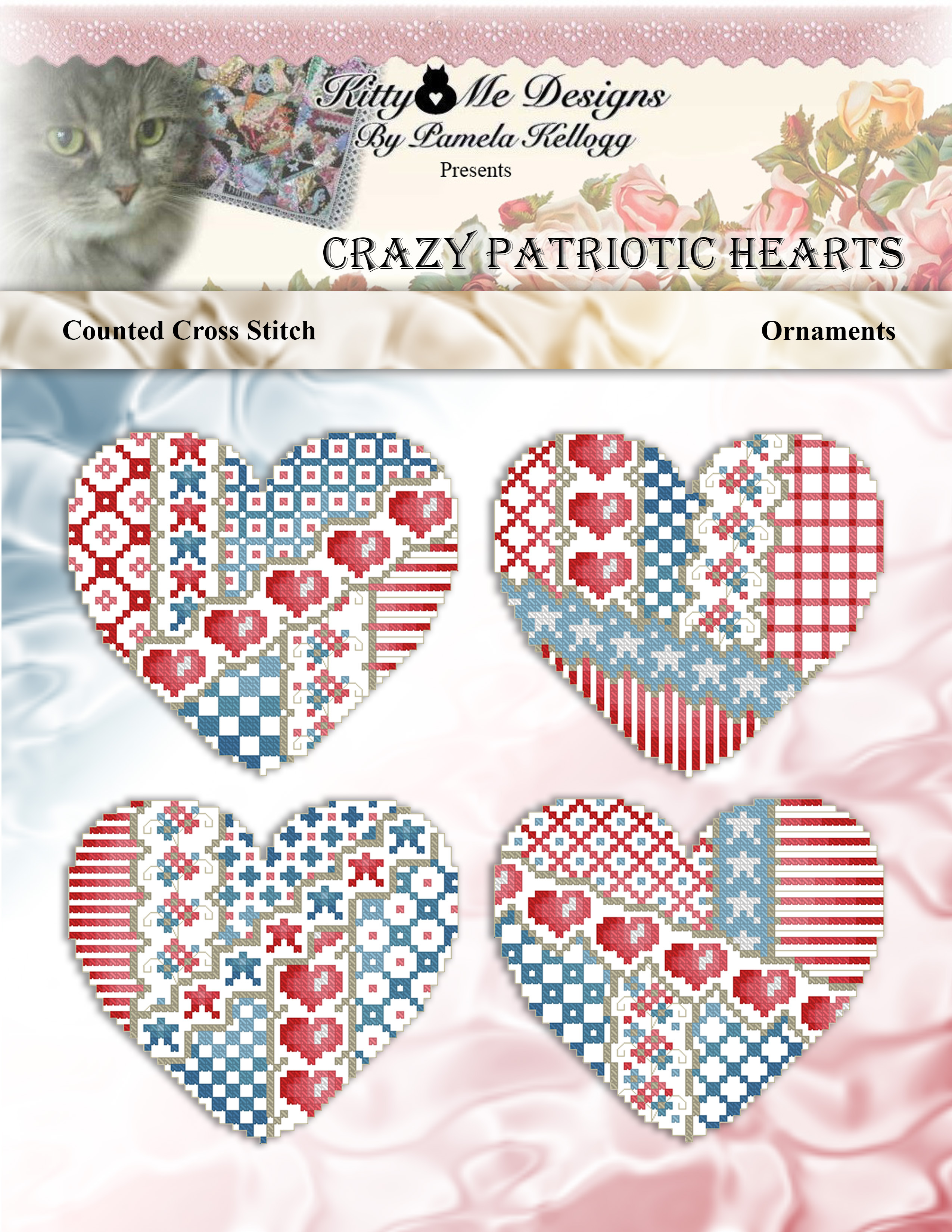 Crazy Patriotic Hearts - Cross Stitch Pattern