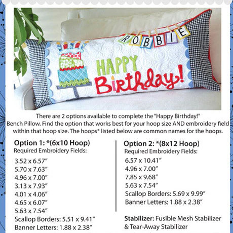 Happy Birthday Bench Pillow - Quilt Pattern, different perspective #1, zoomed in. Select this picture to zoom back out.