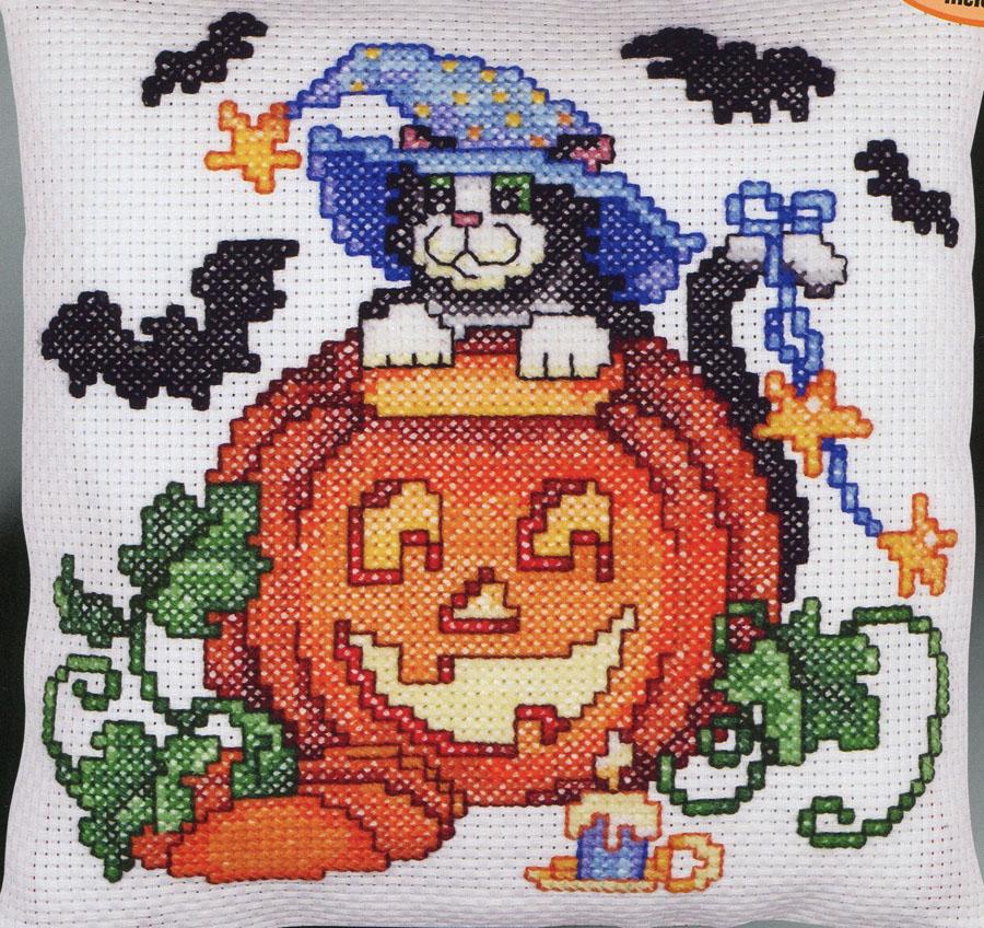 Cat, Bats, and Pumpkin - Halloween Cross Stitch Pattern