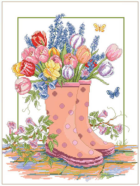 Spring Floral Rainboots - Cross Stitch Pattern