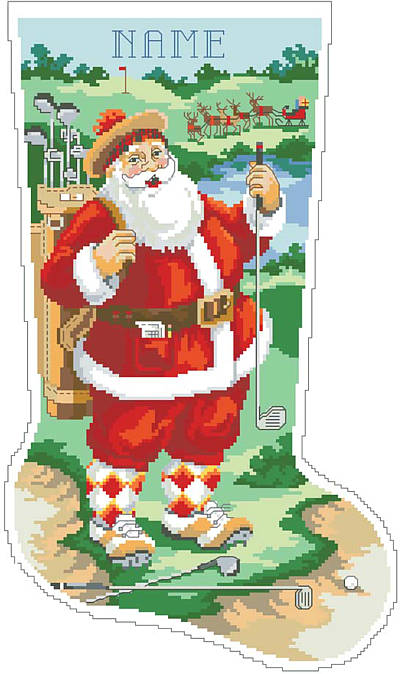 Golfing Santa Christmas Stocking - Cross Stitch Pattern