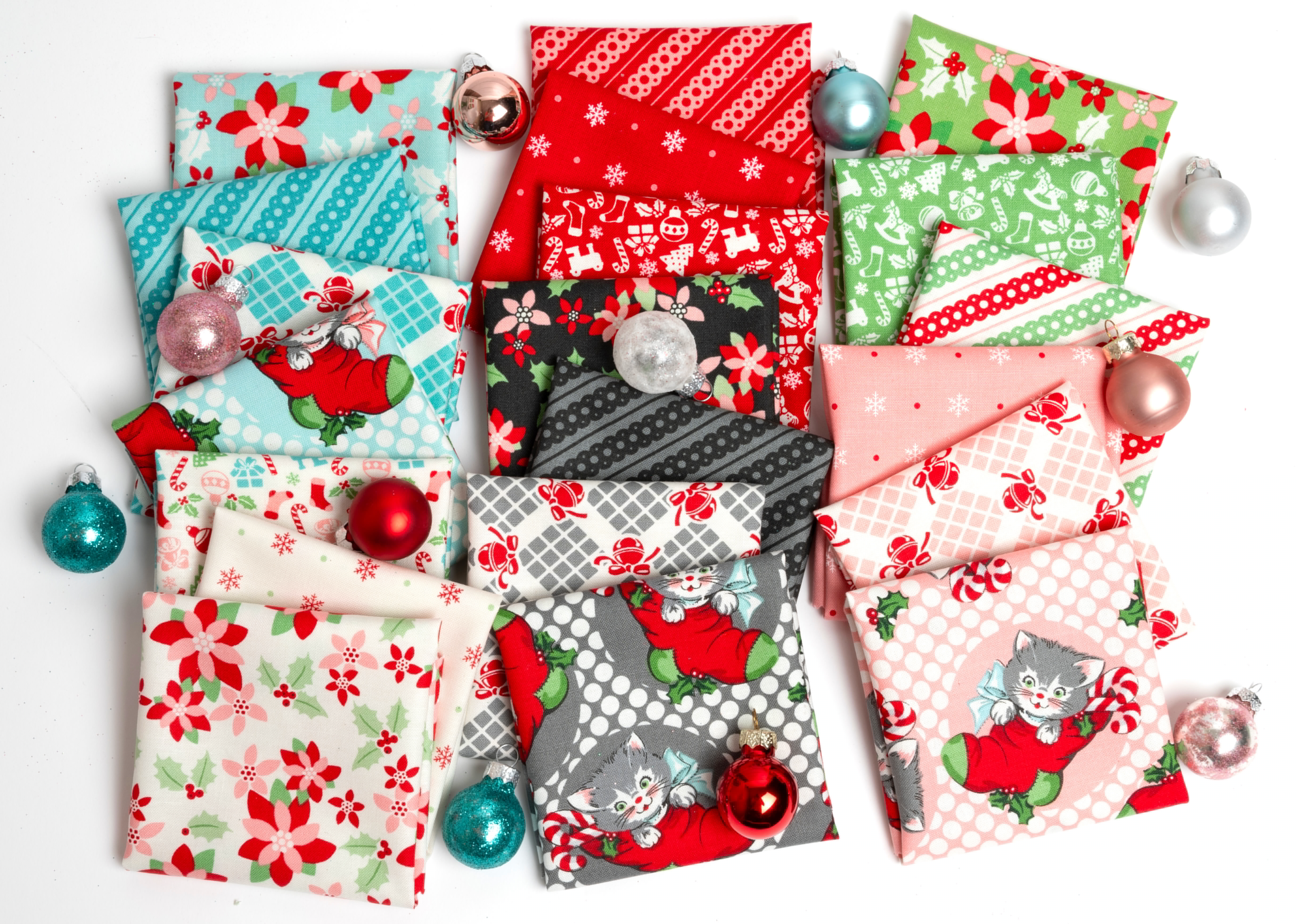 Kitty Christmas Stripe - Mint - Quilt Fabric
