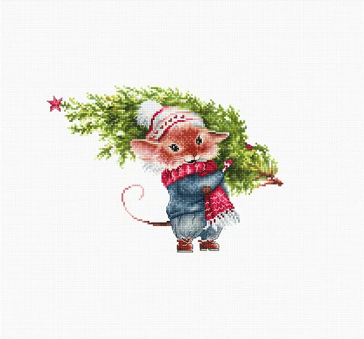 Mouse with Fir Tree - Christmas Cross Stitch Kit