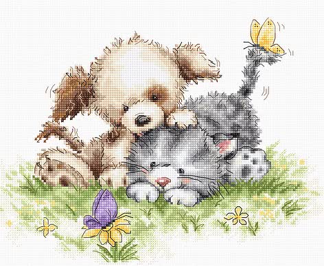 Dog and Cat with Butterfly - Cross Stitch Kit