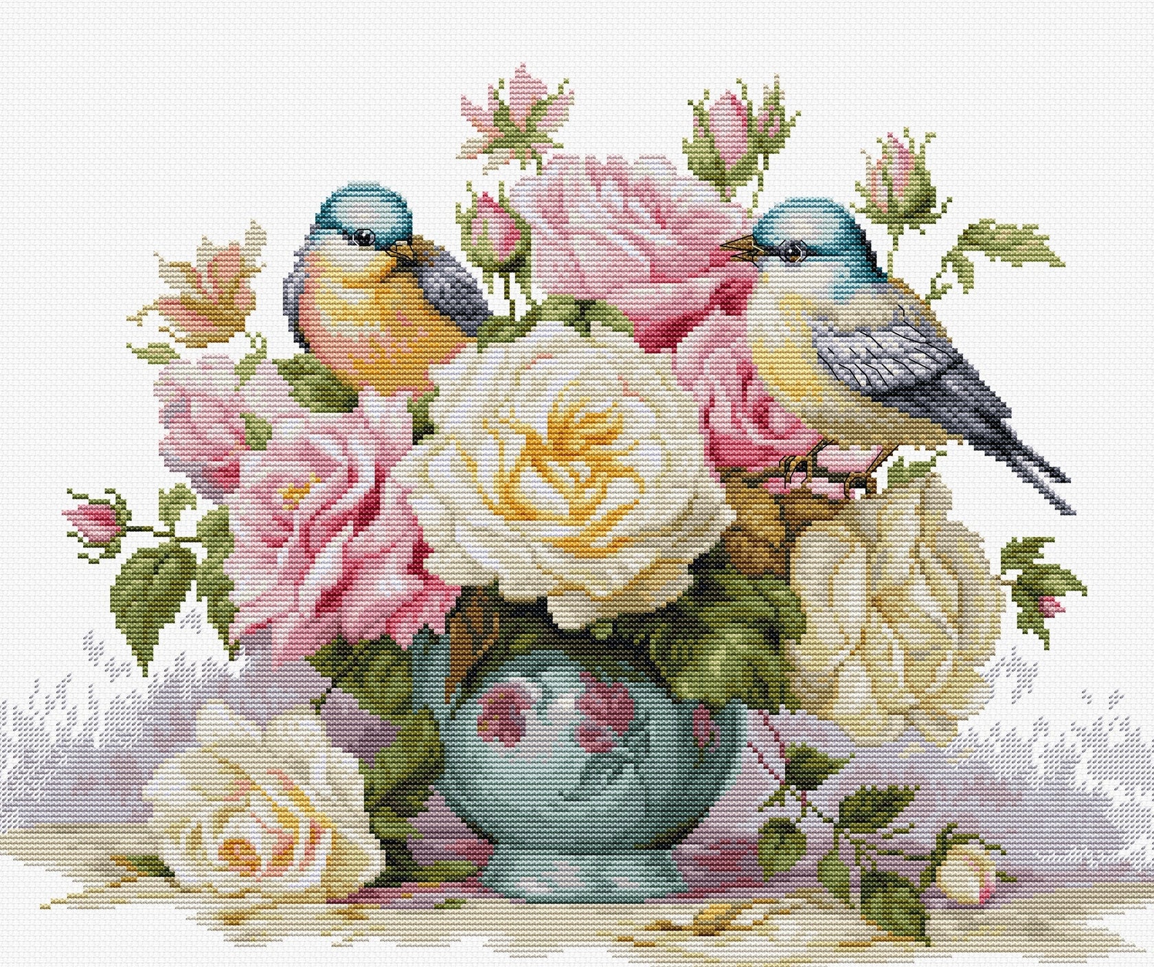 Vase with Roses and Birds - Cross Stitch Kit