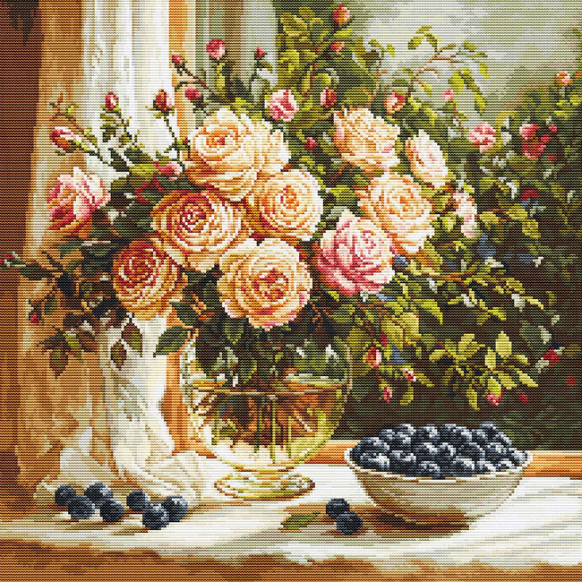 Vase with Roses & Blueberries - Cross Stitch Kit