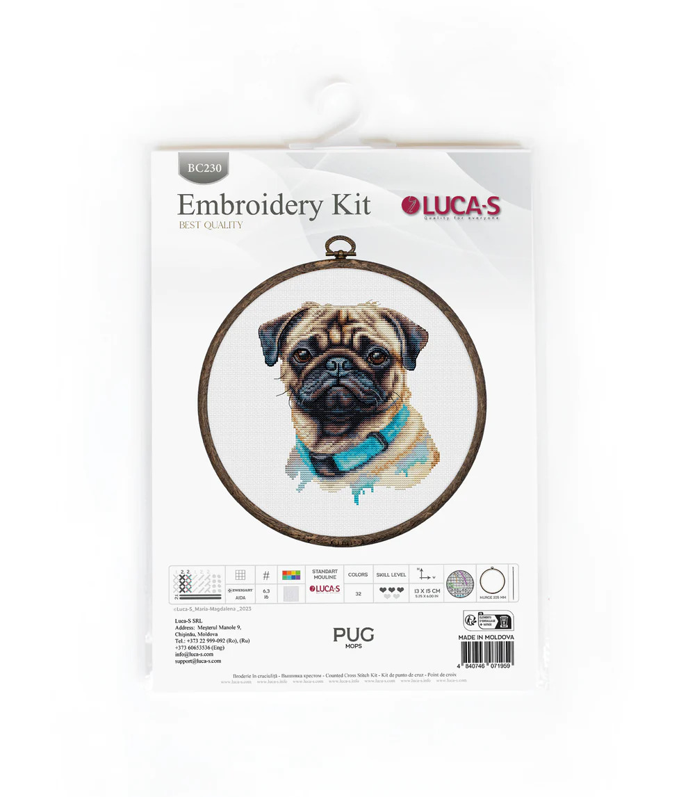 Pug - Cross Stitch Kit with Hoop 