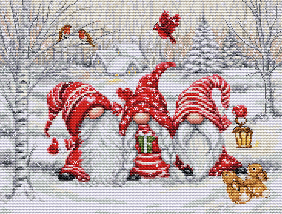 Three Gnomes in Wood - Christmas Cross Stitch Kit 