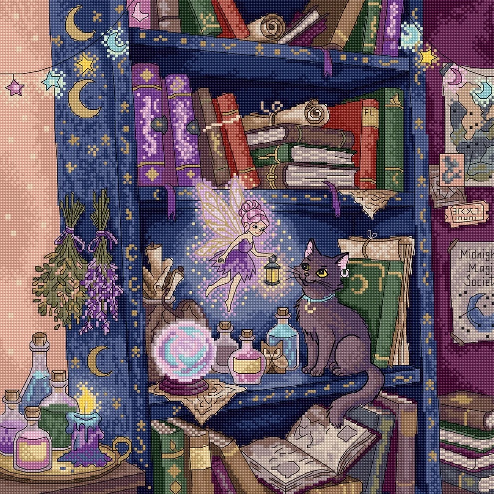 The Magic Shelf - Cross Stitch Kit , zoomed in. Select this picture to zoom back out.