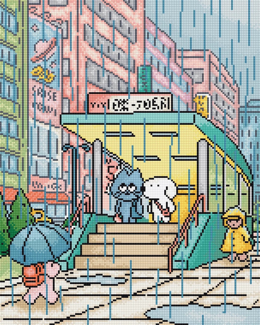Rainy Station - Cross Stitch Kit, zoomed in. Select this picture to zoom back out.