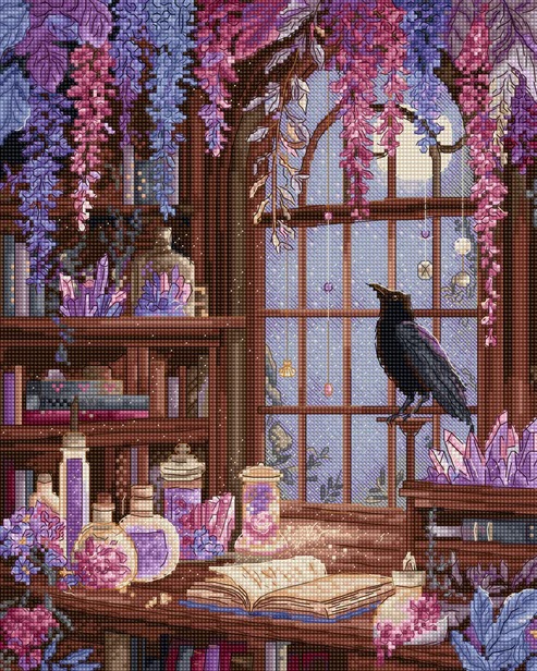 Raven's Library - Cross Stitch Kit , zoomed in. Select this picture to zoom back out.