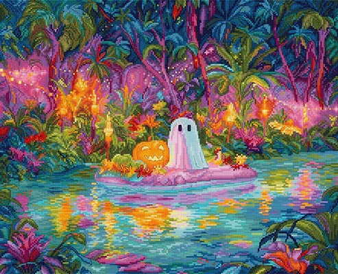 Glow Ghost Cove - Halloween Cross Stitch Kit , zoomed in. Select this picture to zoom back out.