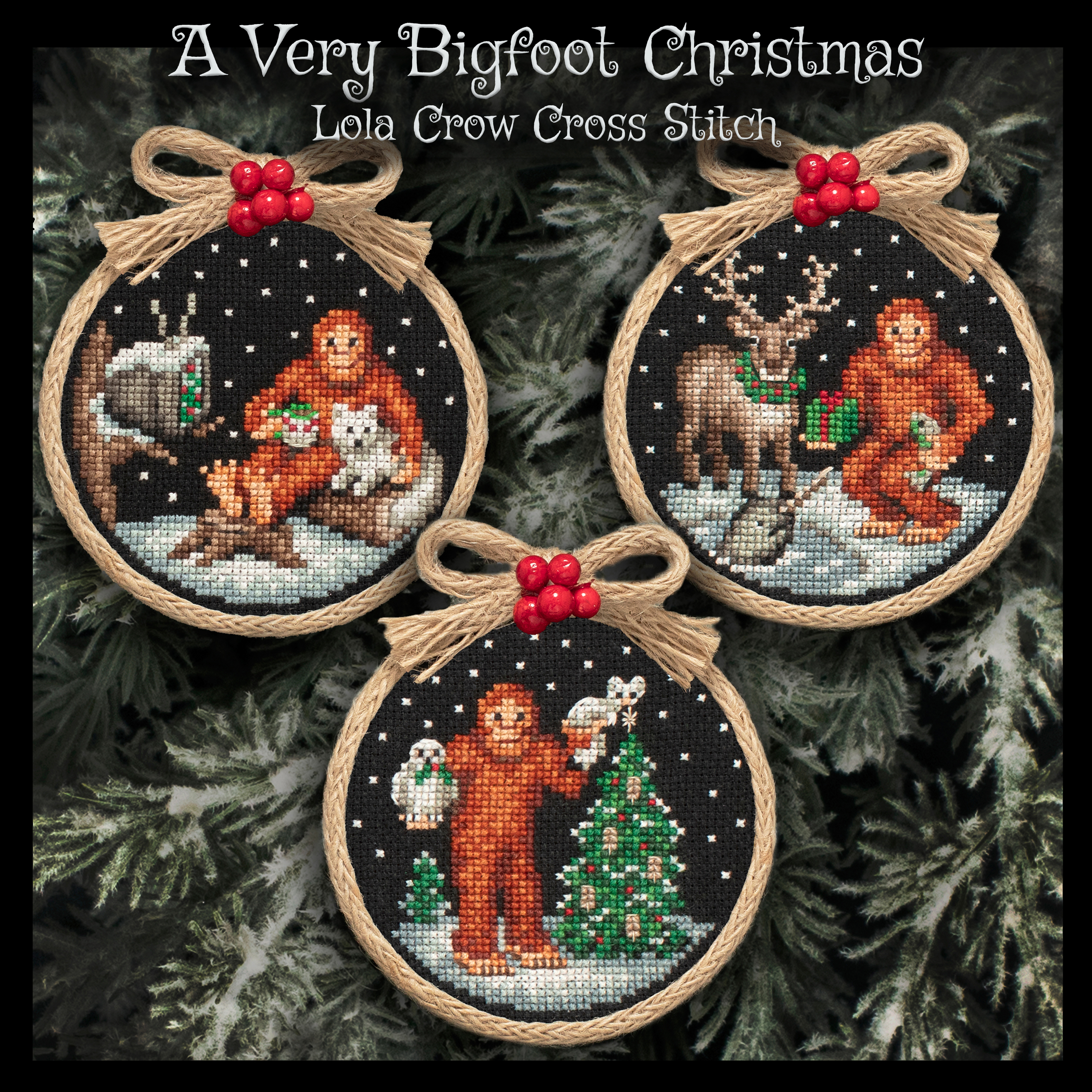 A Very Bigfoot Christmas Ornament Set - Cross Stitch Pattern, zoomed in. Select this picture to zoom back out.