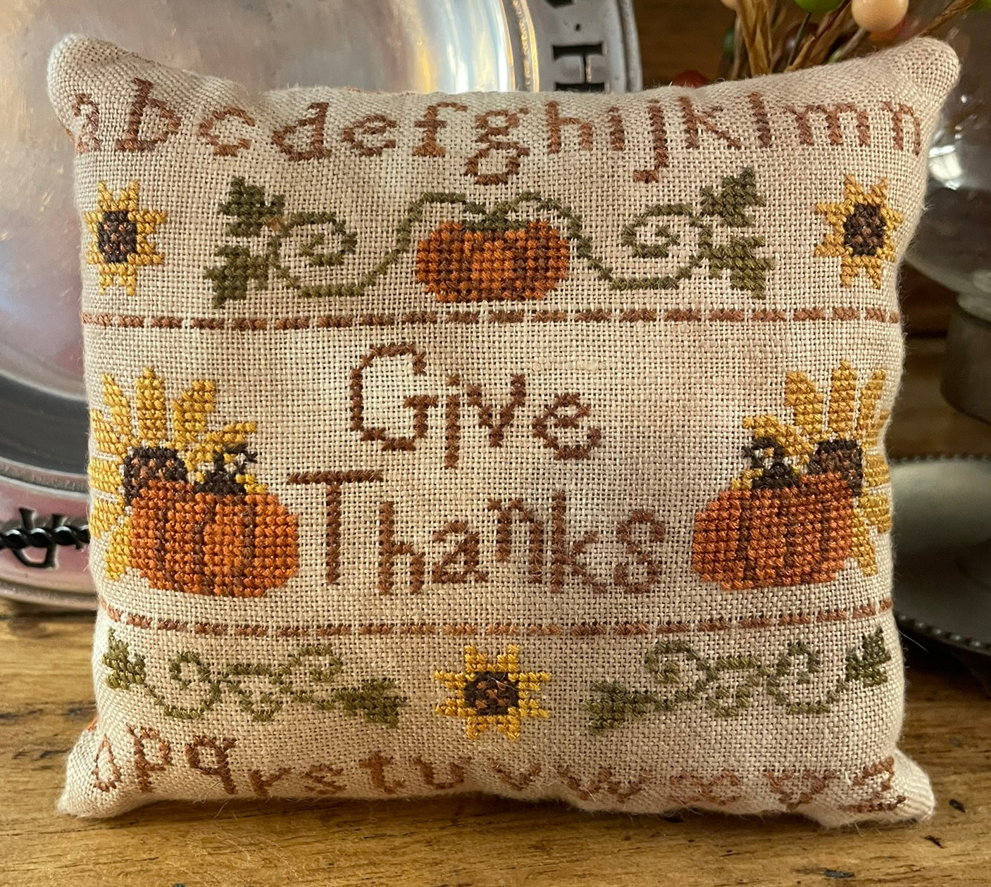 Give Thanks Sampler Pillow - Thanksgiving Cross Stitch