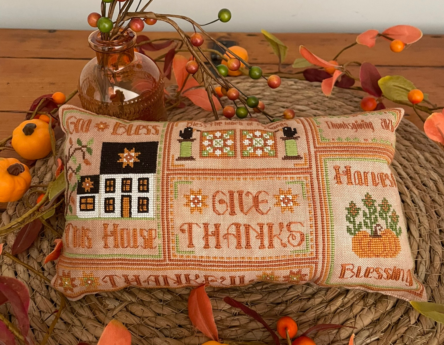 God Bless This House - Thanksgiving Cross Stitch Pattern, zoomed in. Select this picture to zoom back out.