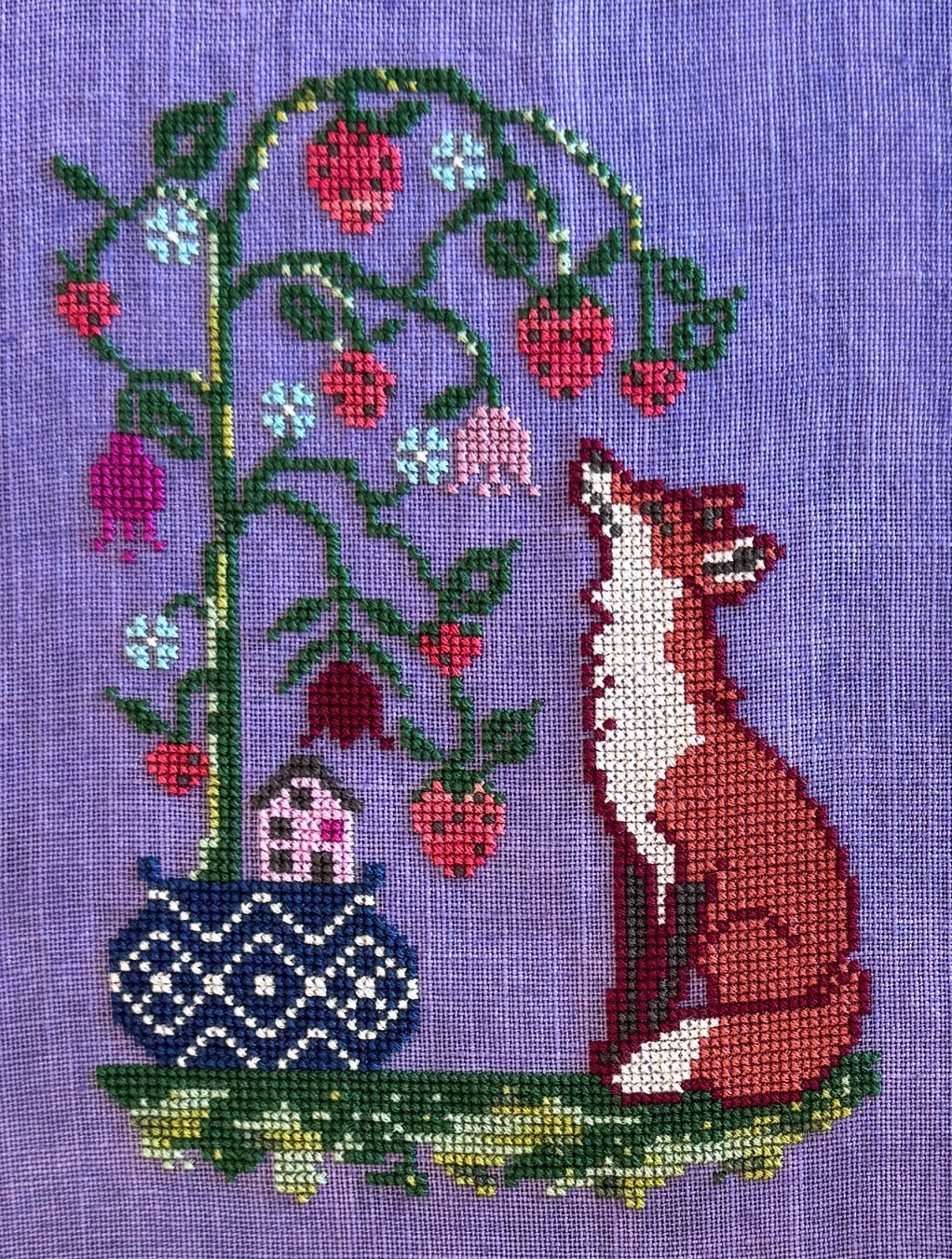 Strawberry Sleuth - Cross Stitch Pattern, different perspective #1, zoomed in. Select this picture to zoom back out.