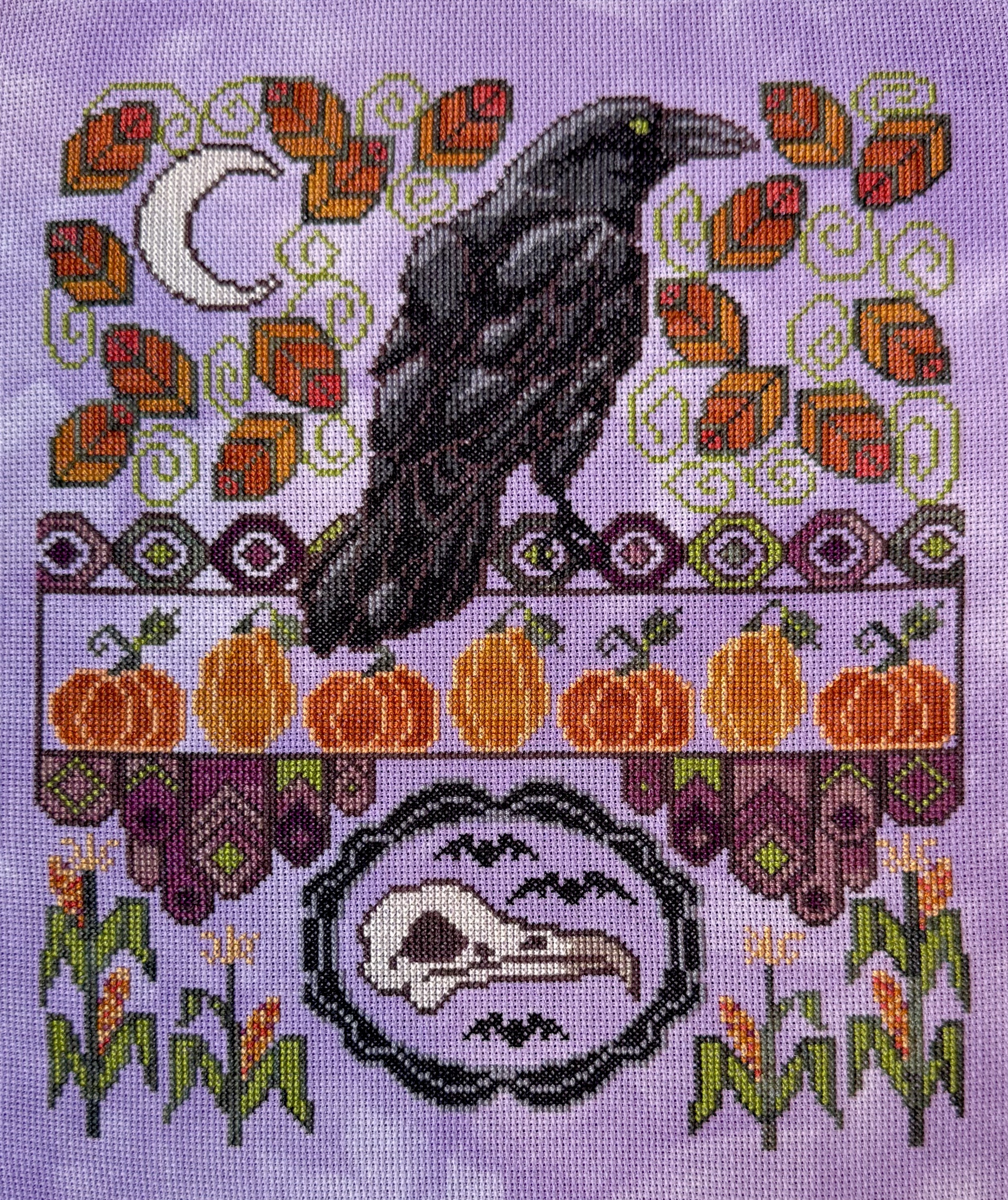 Autumn Raven - Halloween Cross Stitch Pattern, different perspective #1, zoomed in. Select this picture to zoom back out.
