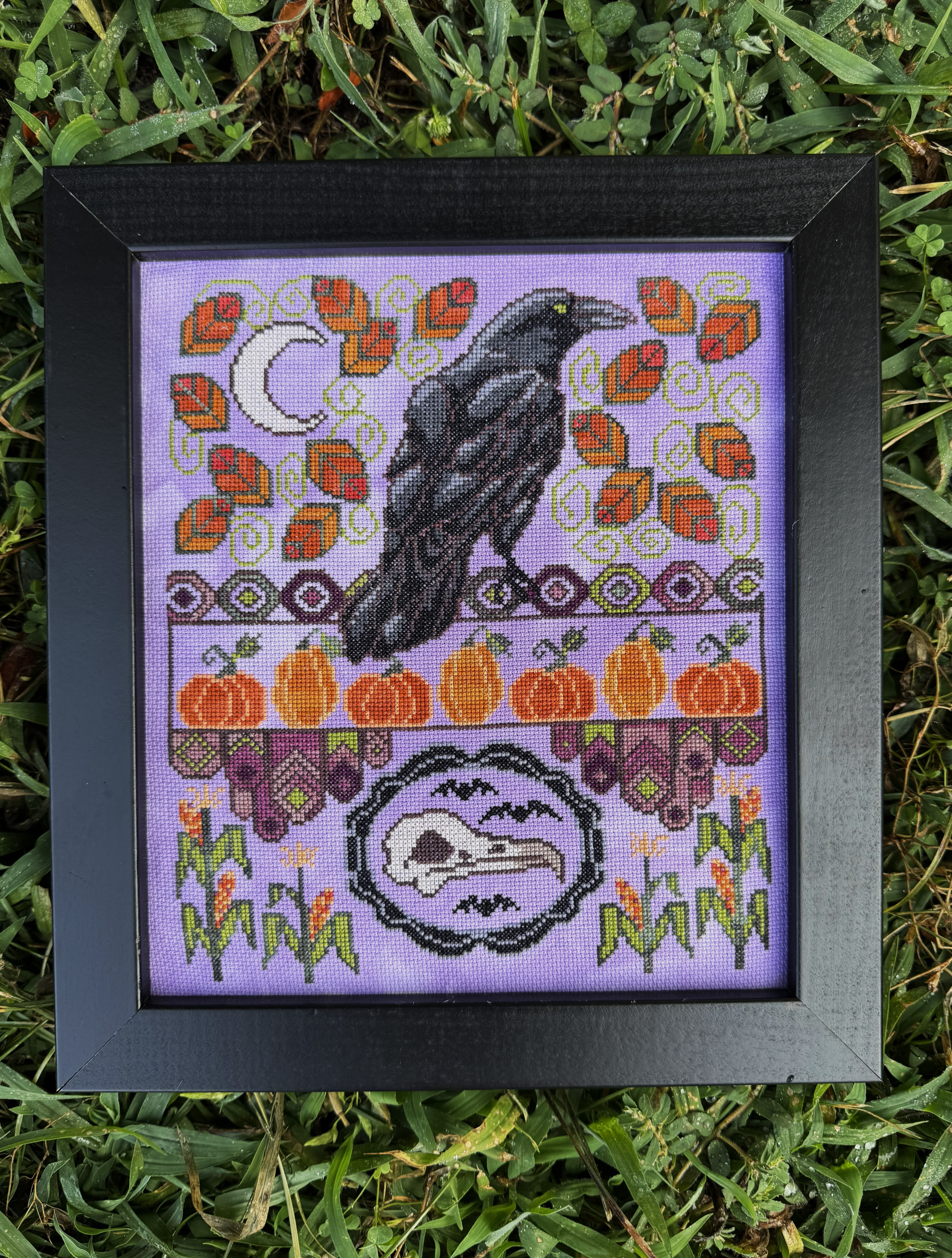 Autumn Raven - Halloween Cross Stitch Pattern, zoomed in. Select this picture to zoom back out.