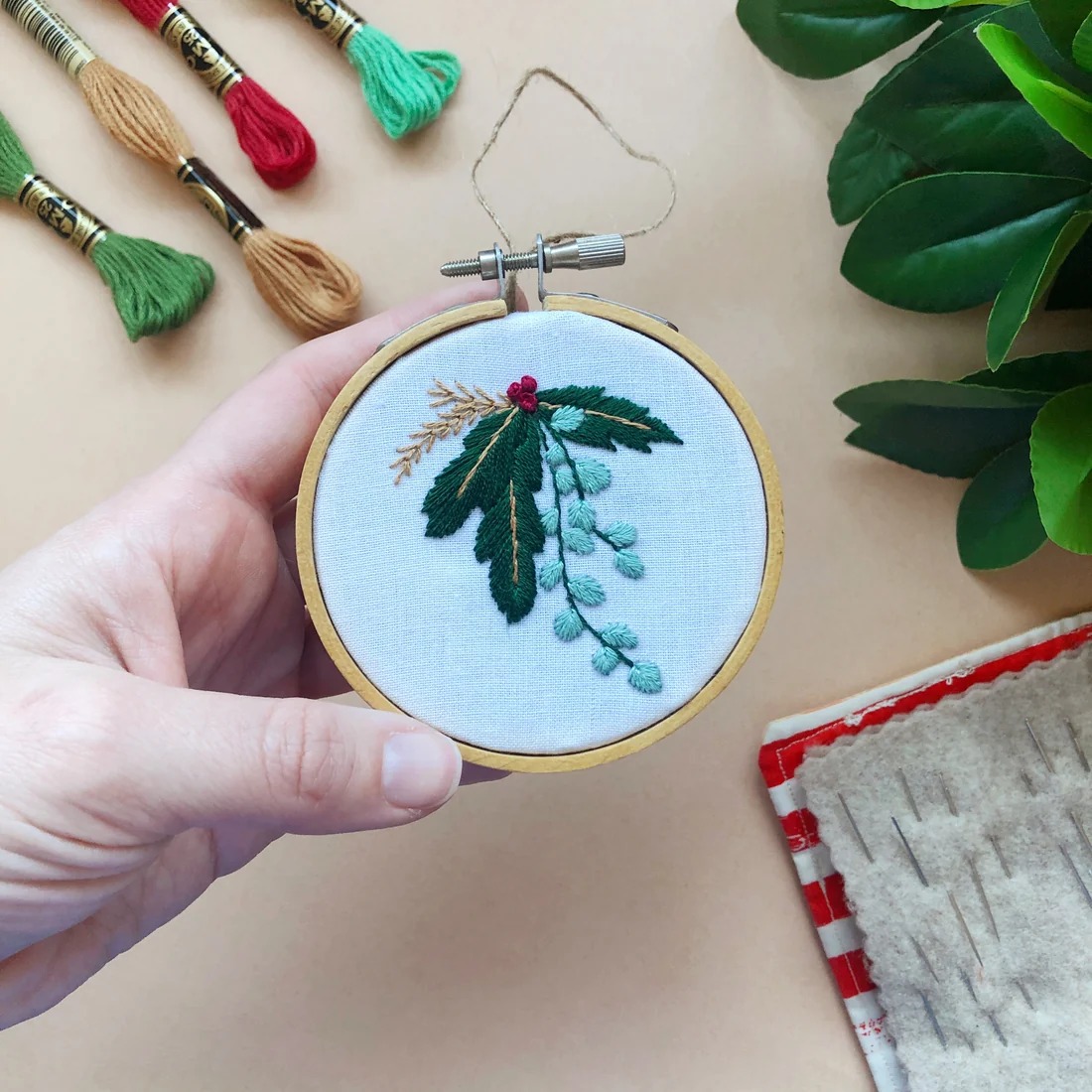 Winter Botanical Ornament - Christmas Embroidery Kit, different perspective #1, zoomed in. Select this picture to zoom back out.