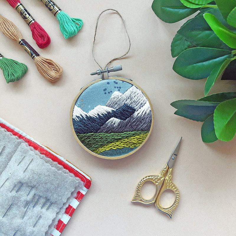 PNW Mountain Landscape Ornament - Embroidery Kit, zoomed in. Select this picture to zoom back out.