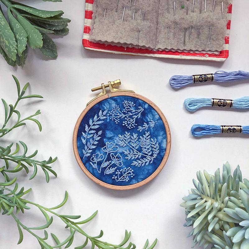 Cyanotype DIY Forage - Embroidery Kit, zoomed in. Select this picture to zoom back out.