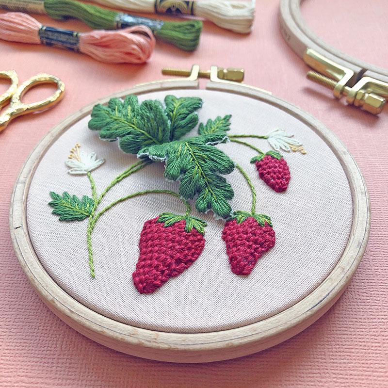 Stumpwork Strawberries - 3D Embroidery Kit, zoomed in. Select this picture to zoom back out.