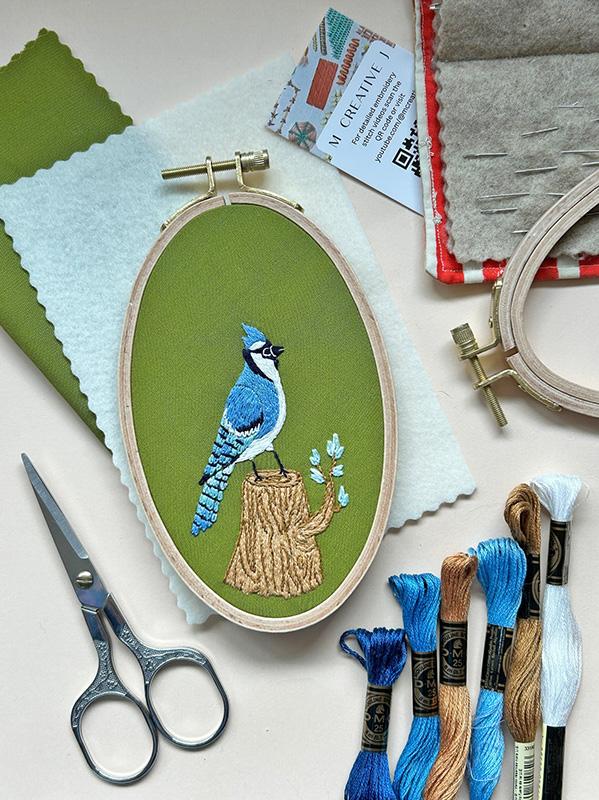 Bluejay In Woods - Embroidery Kit, zoomed in. Select this picture to zoom back out.