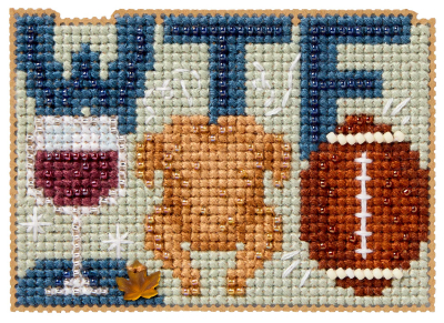 Wine, Turkey, Football Thanksgiving Beaded Cross Stitch Kit, zoomed in. Select this picture to zoom back out.