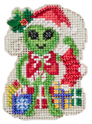 Alien Elf - Beaded Christmas Cross Stitch Kit, zoomed in. Select this picture to zoom back out.