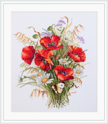 Poppies and Oats - Cross Stitch Kit, zoomed in. Select this picture to zoom back out.