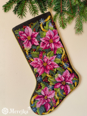 Pink Poinsettia Christmas Stocking - Cross Stitch Kit