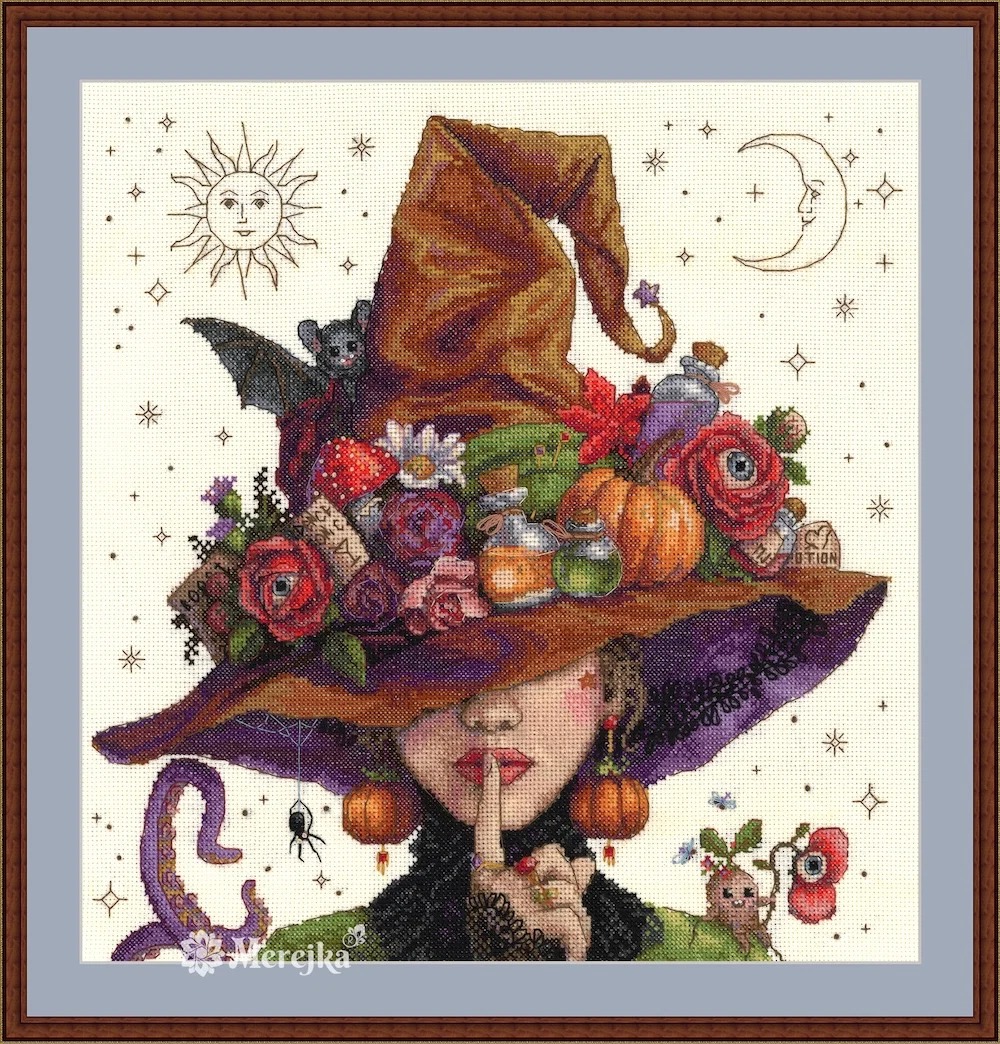 Hush! It's Magic - Halloween Cross Stitch Kit, zoomed in. Select this picture to zoom back out.