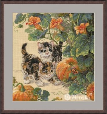 Pumpkin Patch Chase - Cross Stitch Kit, zoomed in. Select this picture to zoom back out.