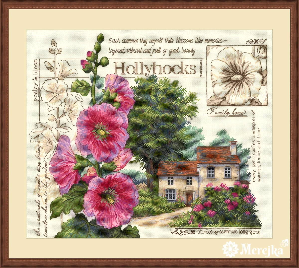 Hollyhock Cottage - Cross Stitch Kit, zoomed in. Select this picture to zoom back out.