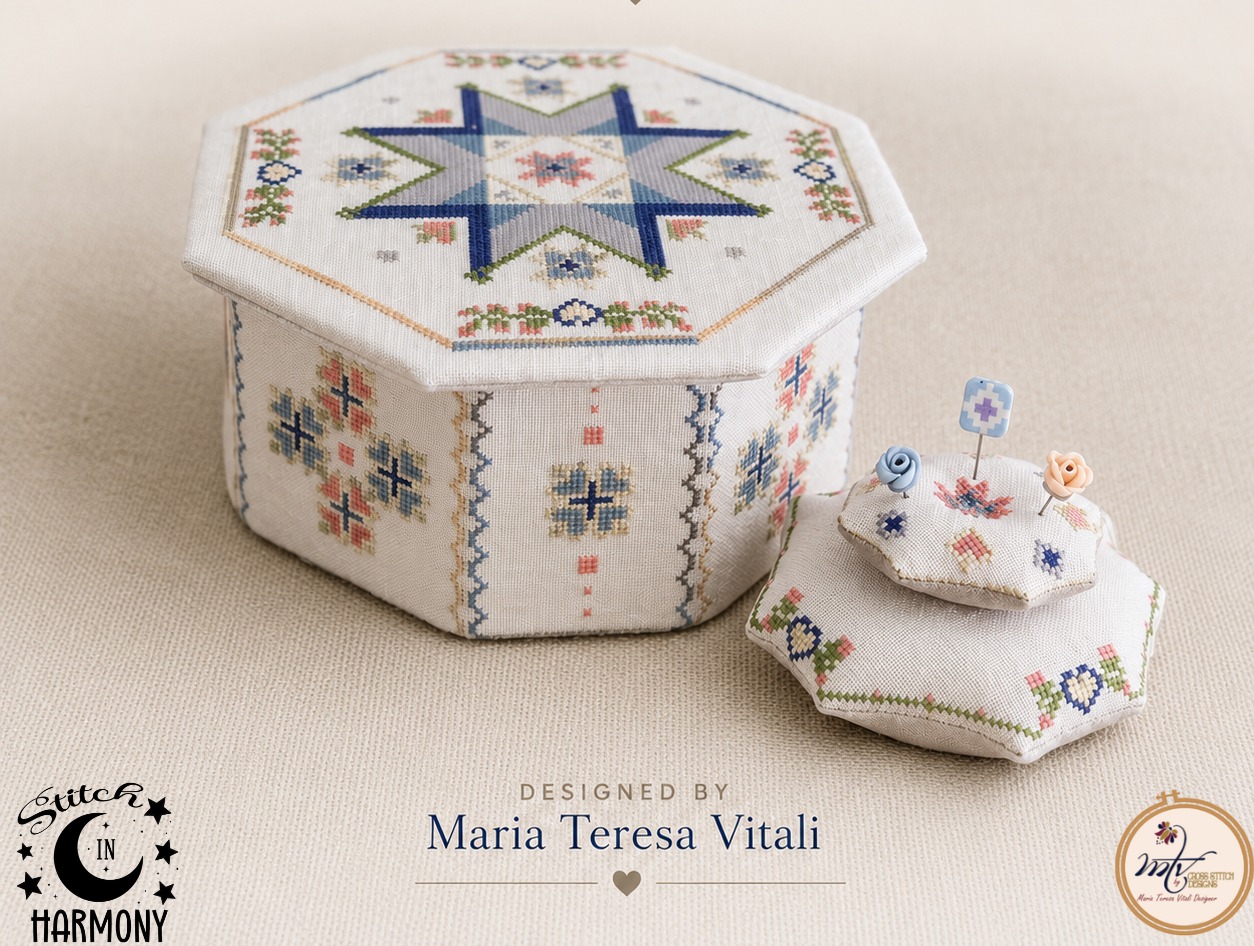 Quaker Star Sewing Box - Cross Stitch Pattern, zoomed in. Select this picture to zoom back out.
