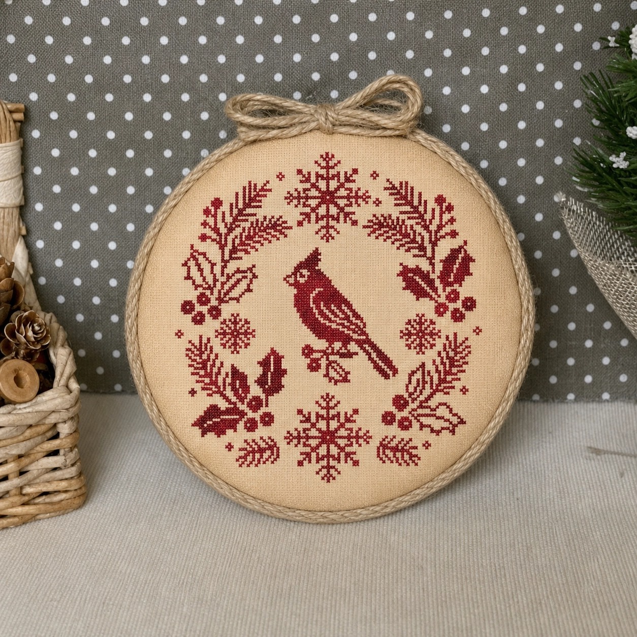 The Winter Cardinal - Christmas Cross Stitch Pattern, zoomed in. Select this picture to zoom back out.