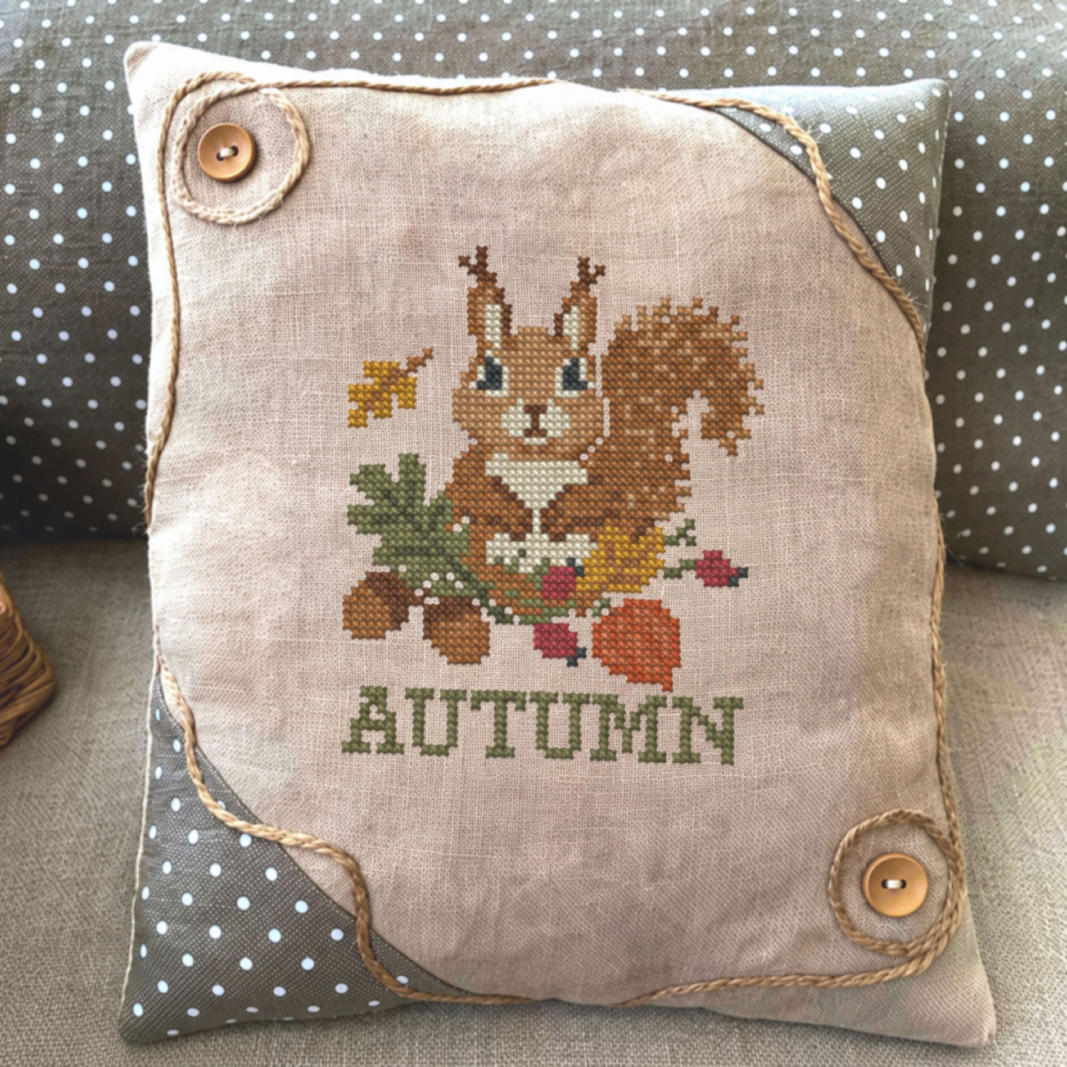 Autumn Squirrel - Cross Stitch Pattern, zoomed in. Select this picture to zoom back out.