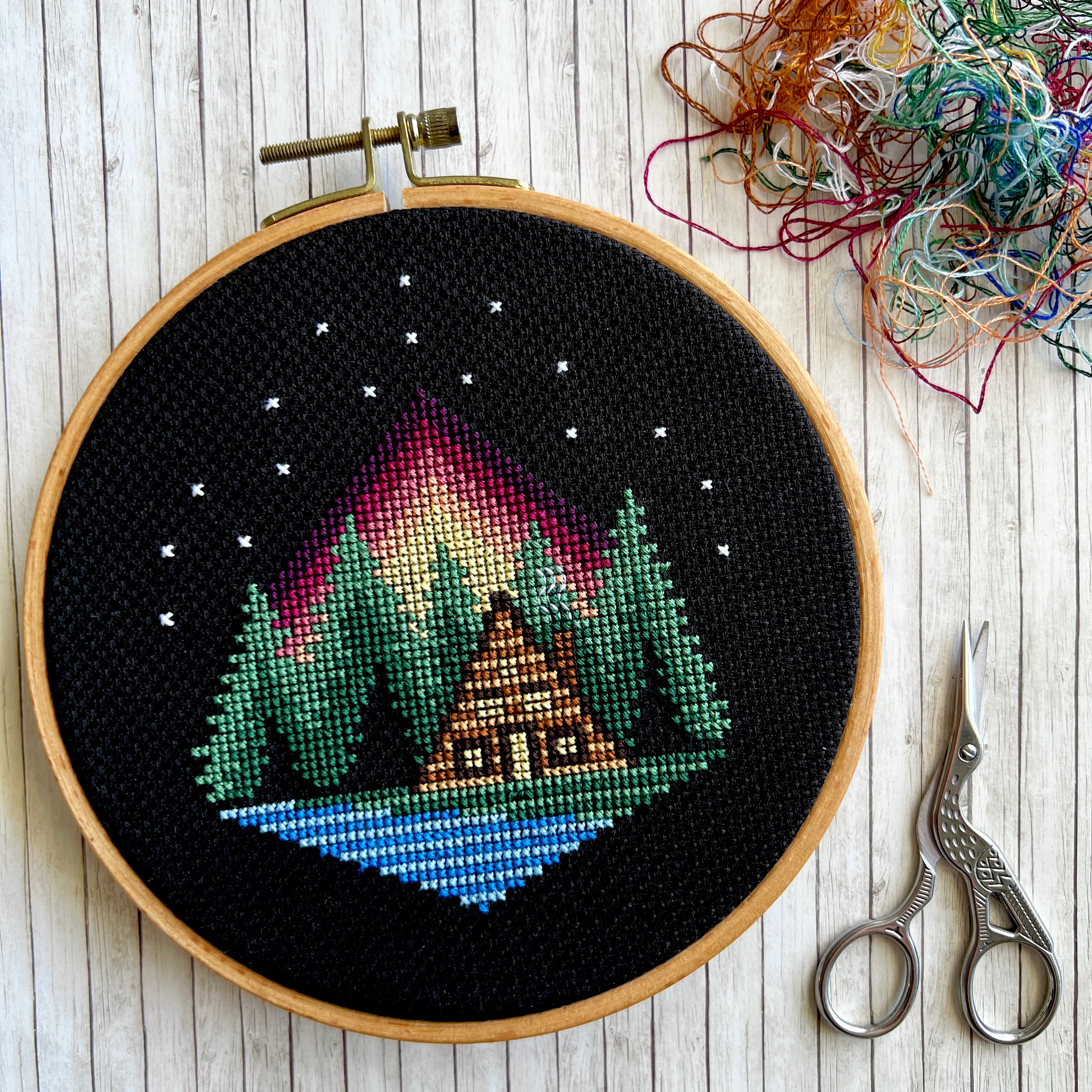 Cabin Sunset - Cross Stitch Pattern, different perspective #1, zoomed in. Select this picture to zoom back out.