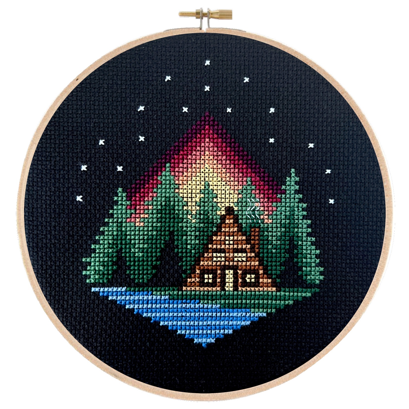 Cabin Sunset - Cross Stitch Pattern, zoomed in. Select this picture to zoom back out.