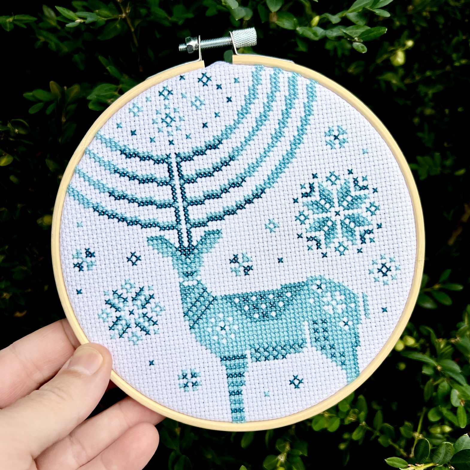 Winter Stag - Cross Stitch Pattern, different perspective #1, zoomed in. Select this picture to zoom back out.