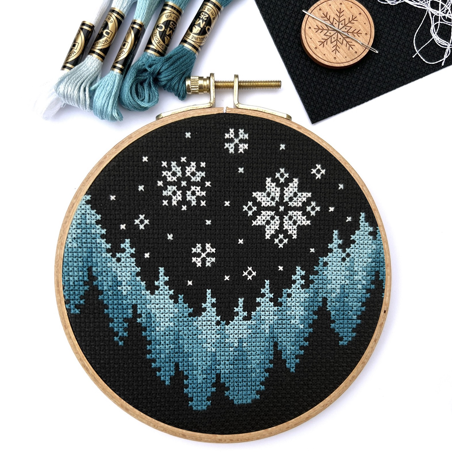 Snowy Woods - Cross Stitch Pattern, different perspective #1, zoomed in. Select this picture to zoom back out.