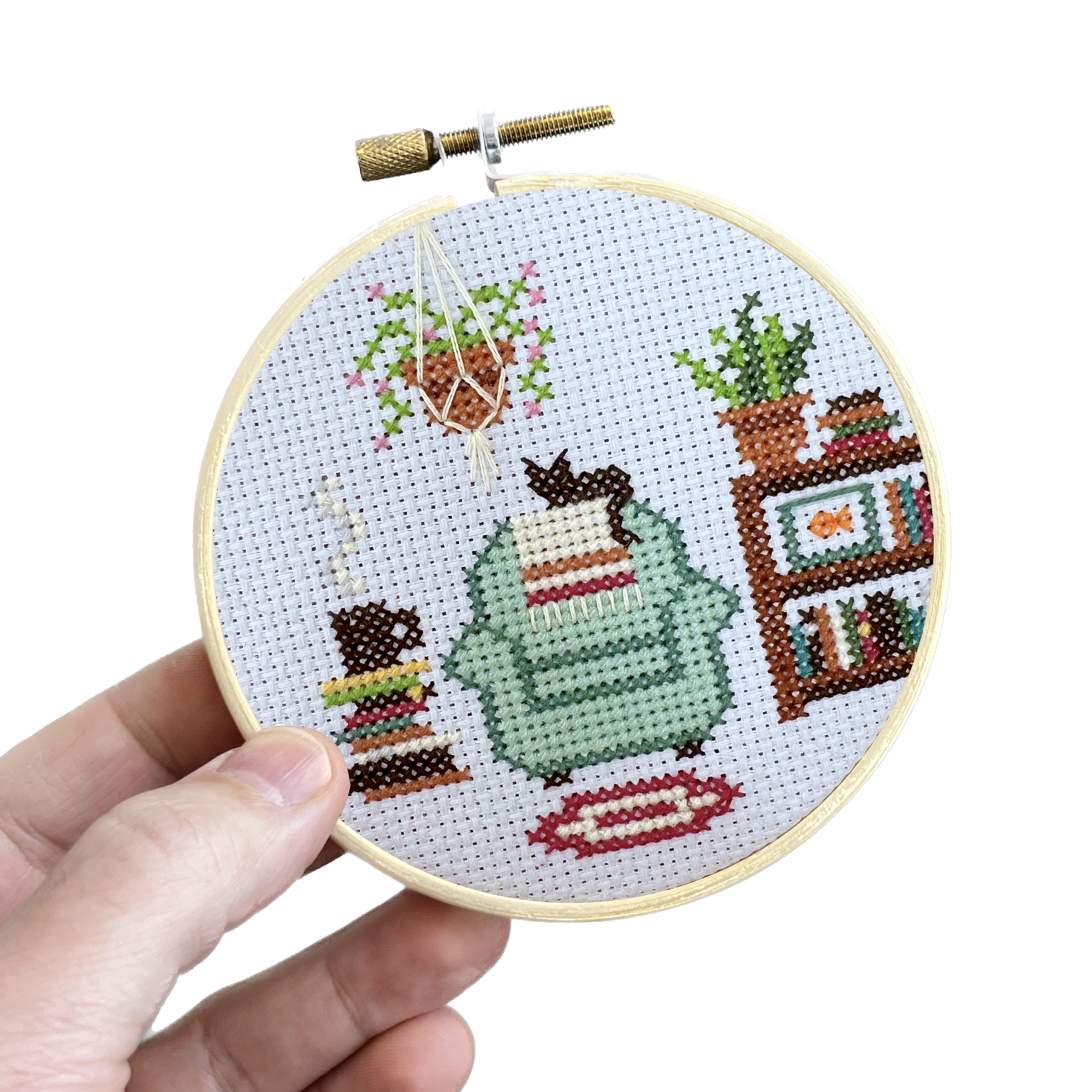 Reading Nook - Cross Stitch Pattern, different perspective #1, zoomed in. Select this picture to zoom back out.