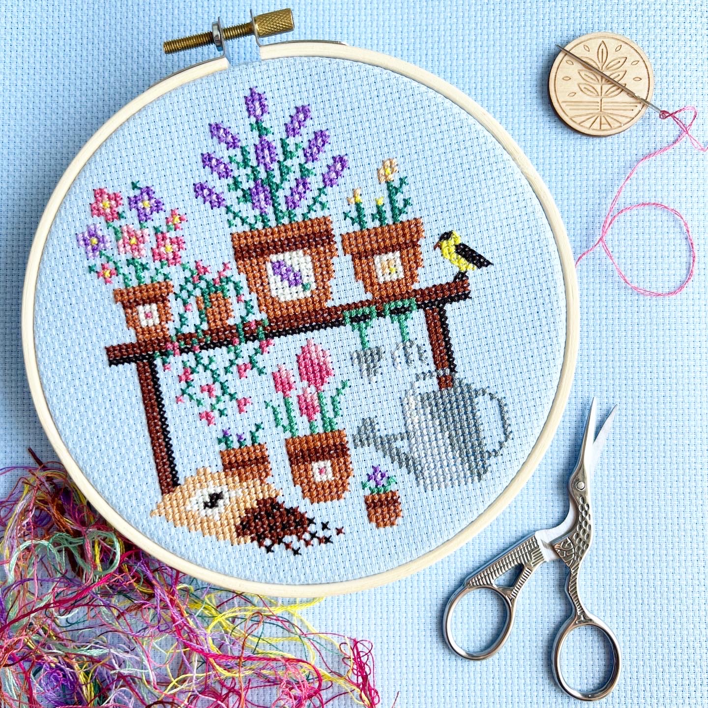 Potting Bench - Cross Stitch Pattern, different perspective #1, zoomed in. Select this picture to zoom back out.