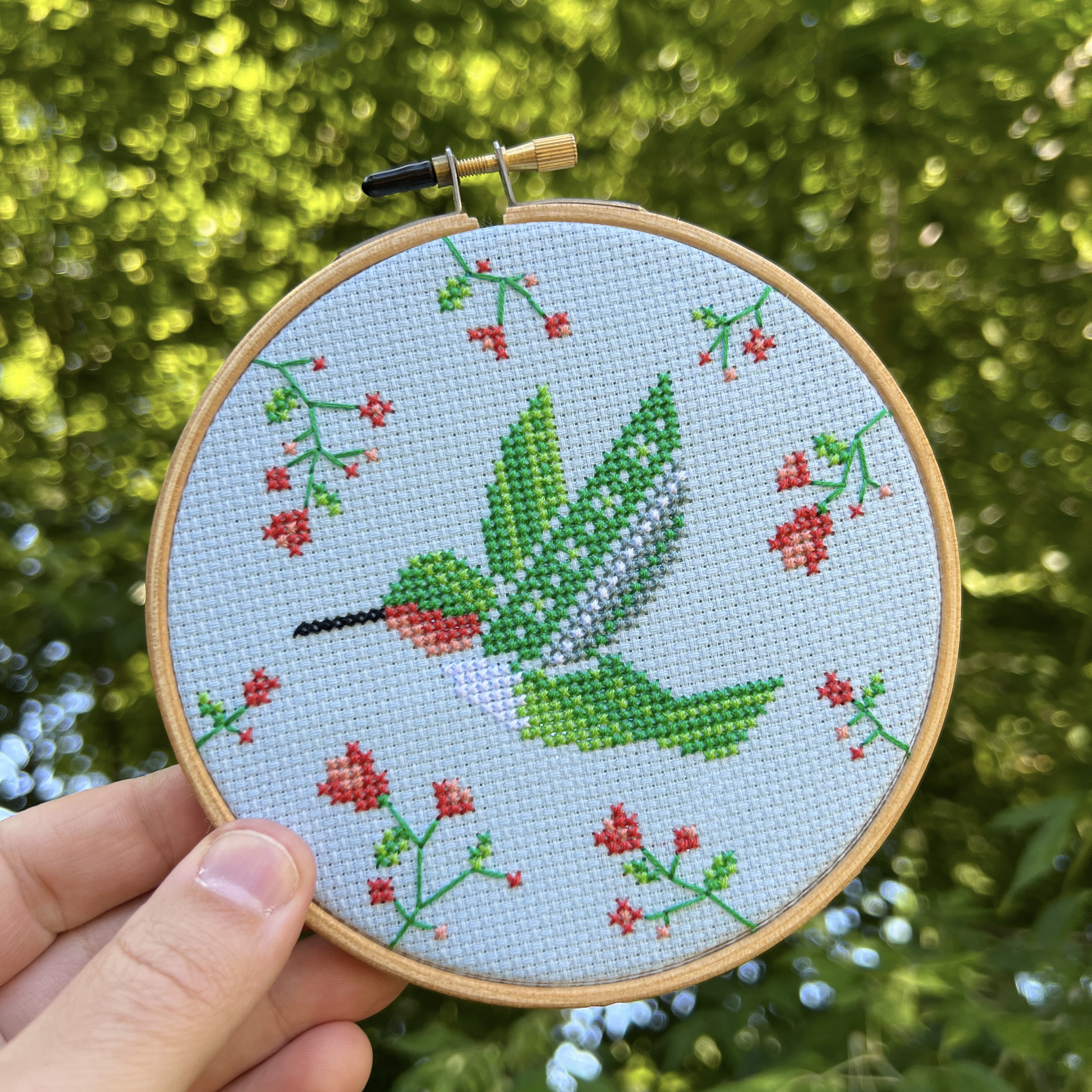 Summer Hummingbird - Cross Stitch Pattern, different perspective #1, zoomed in. Select this picture to zoom back out.
