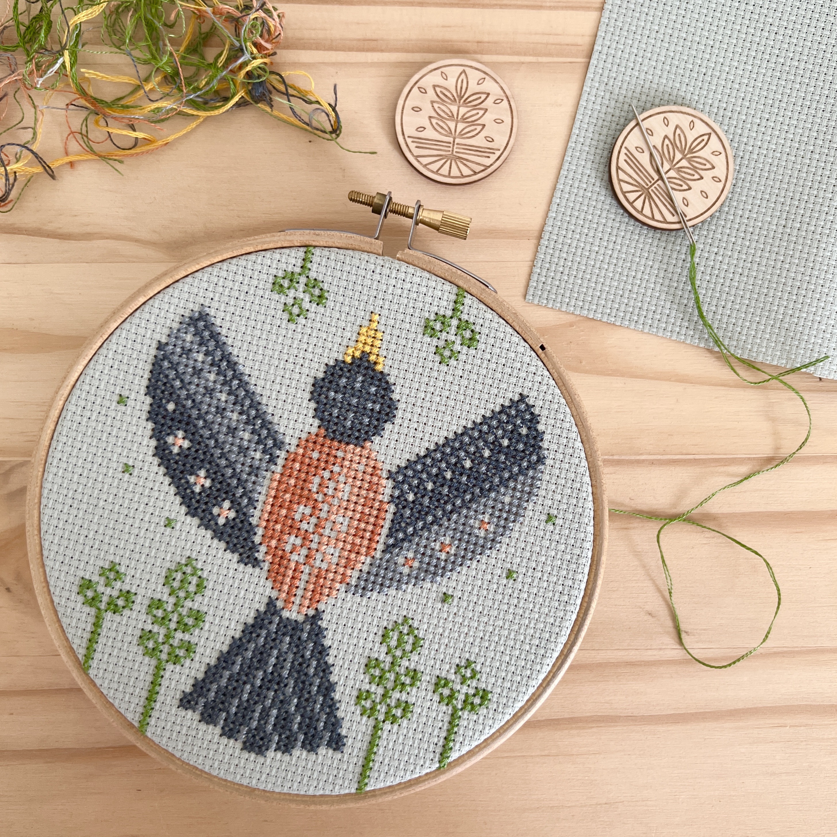Spring Robin - Cross Stitch Pattern, different perspective #1, zoomed in. Select this picture to zoom back out.