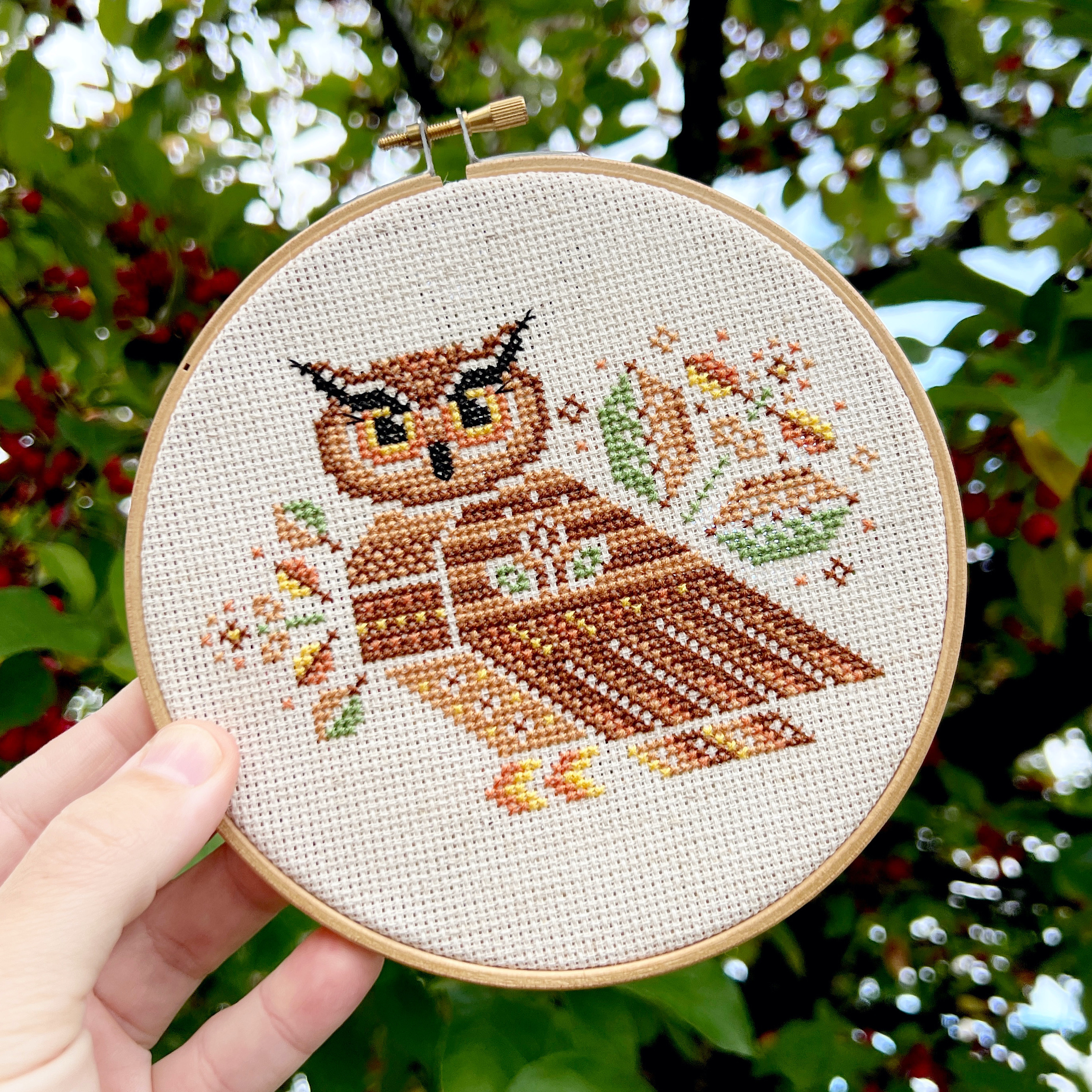 Autumn Owl - Cross Stitch Pattern, different perspective #1, zoomed in. Select this picture to zoom back out.