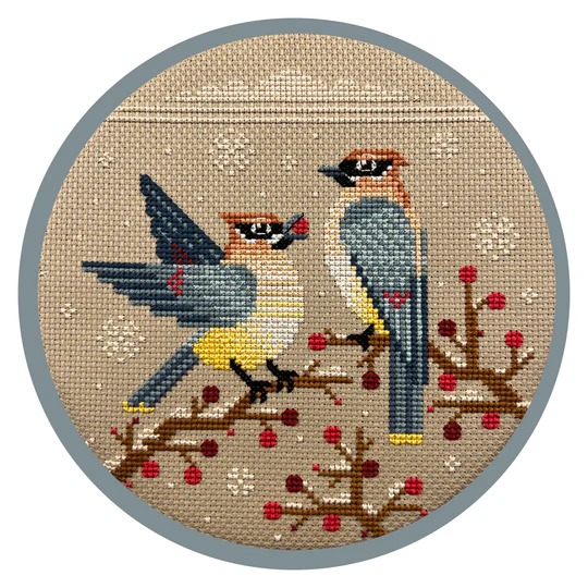 Wintry Waxwings - Cross Stitch Pattern, zoomed in. Select this picture to zoom back out.