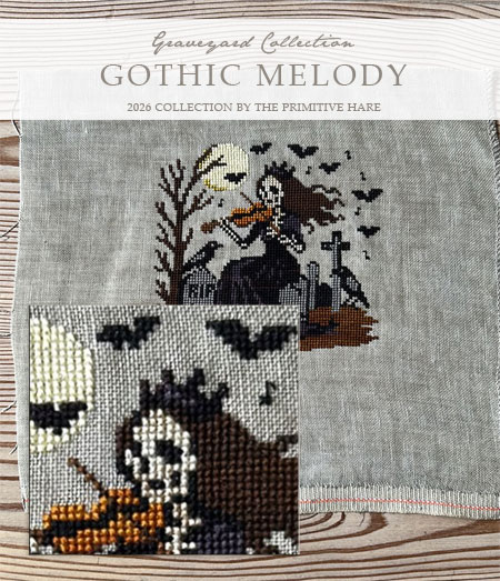 Goth Melody - Halloween Cross Stitch Pattern, different perspective #1, zoomed in. Select this picture to zoom back out.