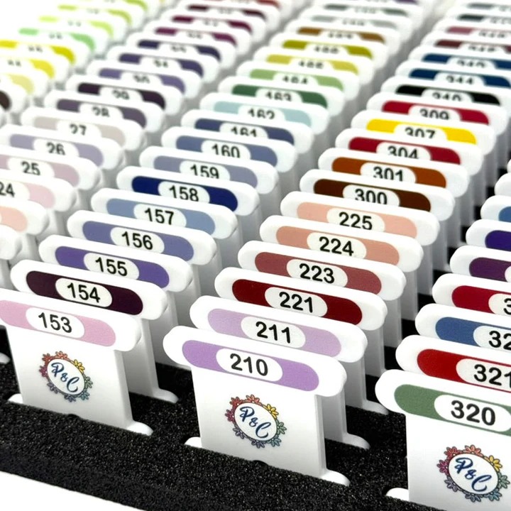 Everyday Bobbins - 500 Printed & Labeled with DMC colors, zoomed in. Select this picture to zoom back out.